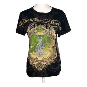 Christian Audigier Black Graphic T-Shirt Rhinestone Emroidered Gold Foil Small
